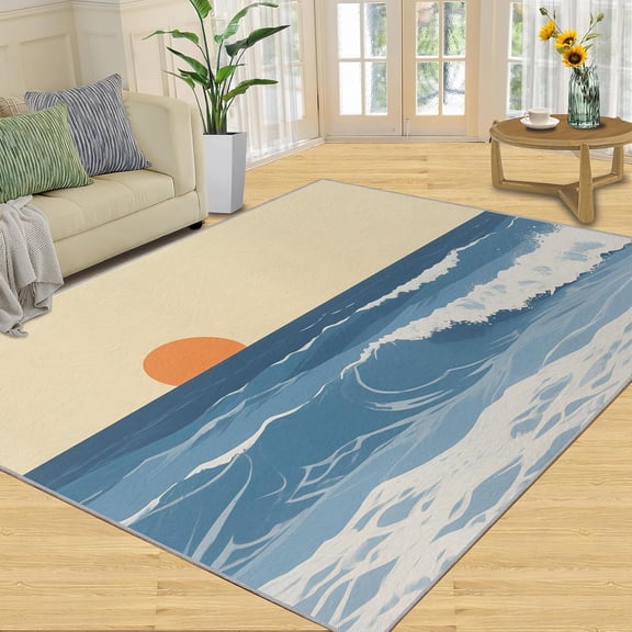 Boho Sun Rugs for Living Room, Coastal Waves Washable Area Rug, Cream Carpet, Japanese Wave Carpet for Bedroom, Sun Home Decor Gifts-5' x 6'