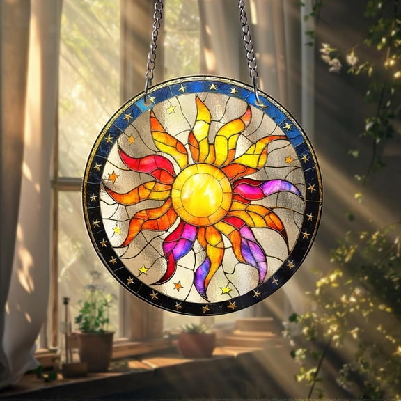 Boho Sun STAINED GLASS Suncatcher Vibrant Celestial Sun Face Window Hanging Colorful Sunburst Art Panel for Garden or Home Decor Gifts