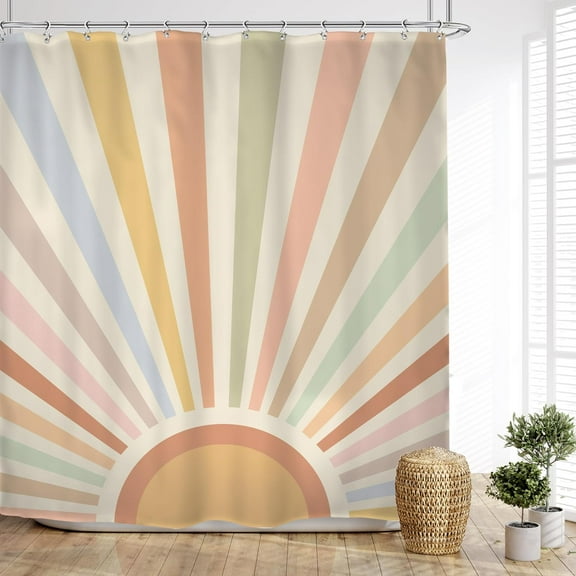 Boho Sun Shower Curtain 72Wx72L Inches Vintage Abstract Rainbow Pastel Sunrise Sunset Retro Kids Bathroom Decor Minimalist Cute Modern Bath Accessories Art Home Decor Fabric 12 Pack Hooks