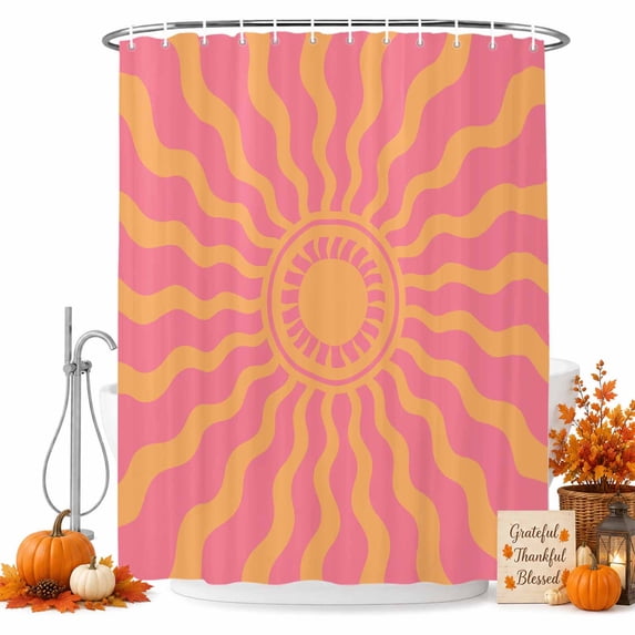 Boho Sun Shower Curtain, Waterproof Shower Curtains for Bathroom, Vintage Abstract Minimalist Sunshine Lines Pink Washable Fabric Bathtub Curtain Set Bath Decor with 12 Hooks 72"x78"