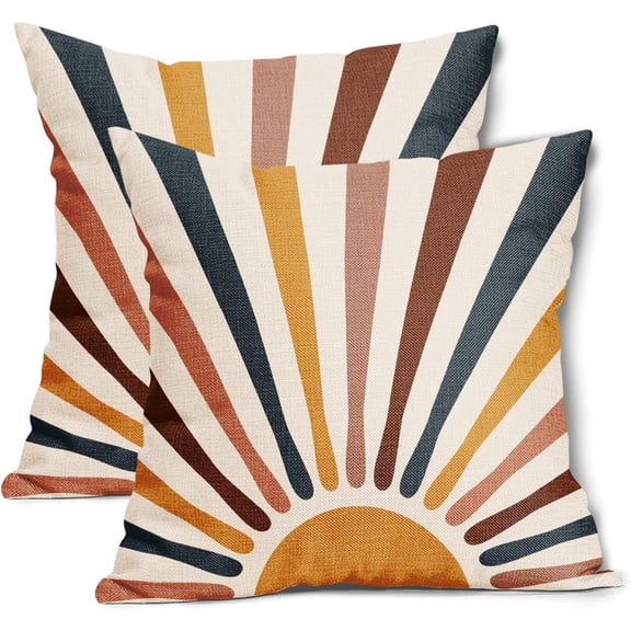 Boho Sun Sunrise Throw Pillow Covers 18x18 Inch Abstract Bohemian Colorful Stripes Pillow Cases Modern Minimalism Rustic Naby Blue Yellow Pillowcase Set of 2 Home Decor For Cushion Couch Sofa Outdoor