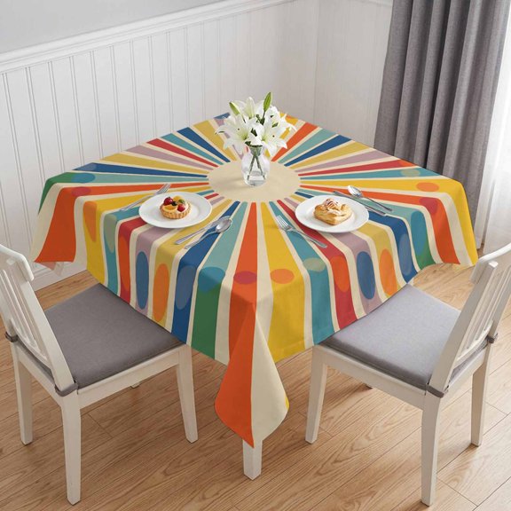 Boho Sun Table Cloth Waterproof Tablecloths, Abstract Rainbow Colorful Geometric Stripes Tablecloth Dining Table Cover for Kitchen Party Tabletop Outdoor, Square Tablecloth 54x54 Inch