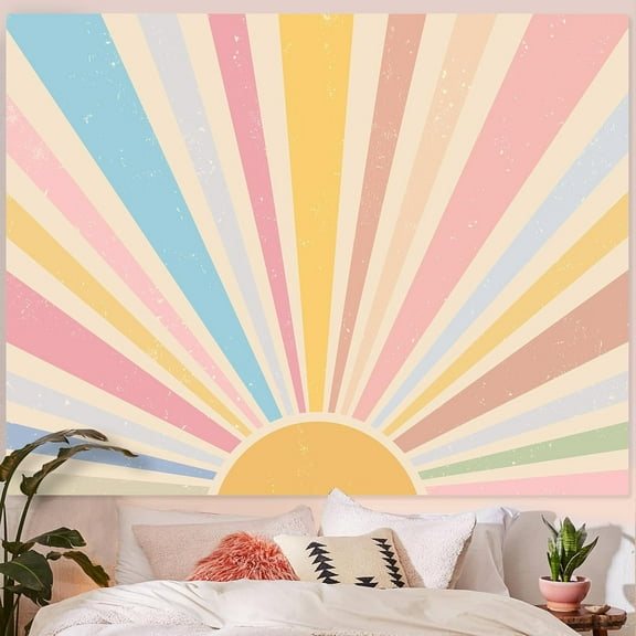 Boho Sun Tapestry Vintage 70s Sunset Sunrise Tapestries for Bedroom Aesthetic Retro Abstract Art Colorful Rainbow Classroom Tapestry Wall Hanging for Living Room Dorm (60" x 44")