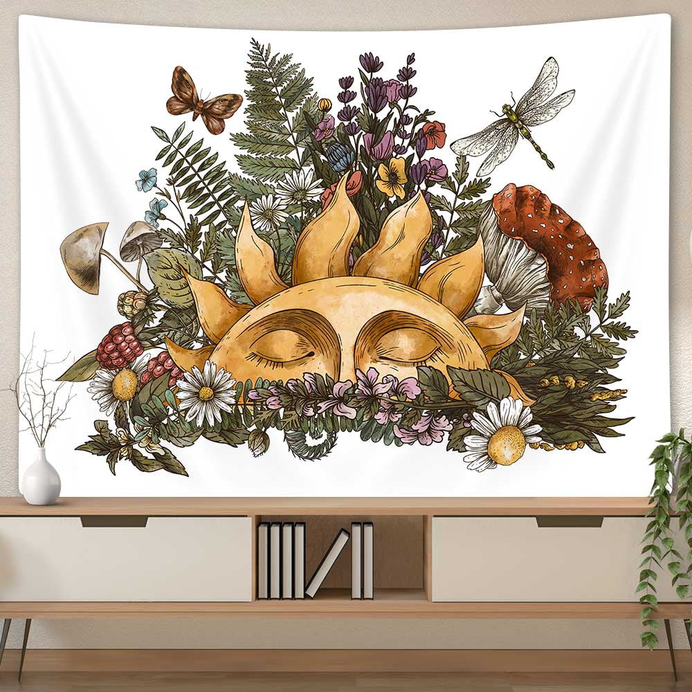 Boho Sun Tapestry Wall Hanging for Bedroom, Vintage Hippie Mushroom