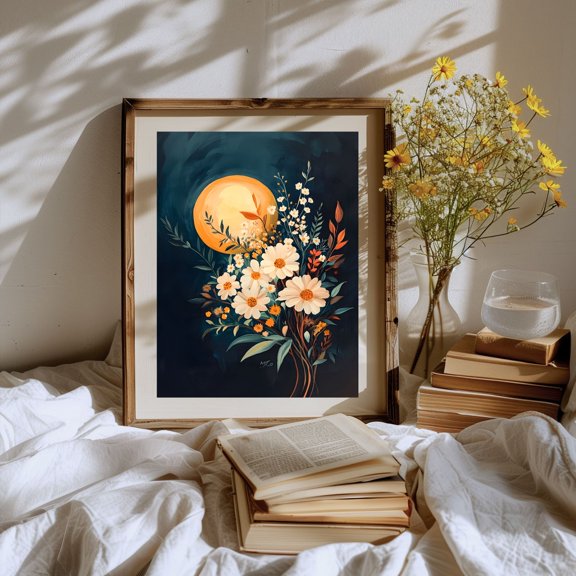 Boho Sun Wall Art, Midcentury Modern Art Print, Colorful Flowers Print, Boho Flower Bouquet Printable, MCM Wall Decor, Artful Sun, Size 24x36 UNFFRAMED F03.1.5l1755