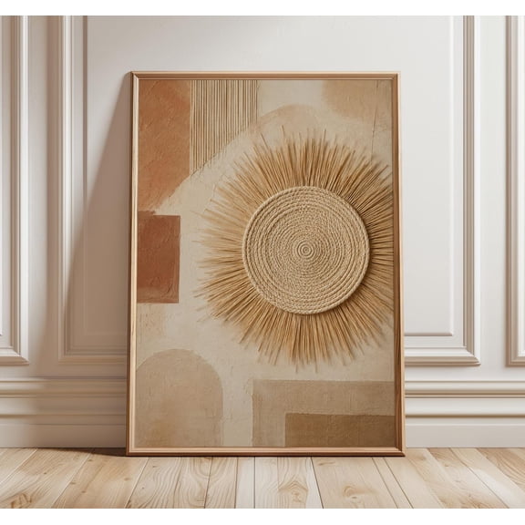 Boho Sun Wall Art Neutral Beige Abstract Woven Raffia Style Wall Decor Earthy Minimalist Living Room Art, Unframed Paper Print