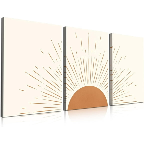Boho Sun Wall Art Set of 3, 12x16in, Framed Canvas Wall Art Rainbow Sun Rising on the Horizon Geometric Nature Illustrations Line Art Wall, Mid-Century Modern Prints Boho Wall Decor for Living Room