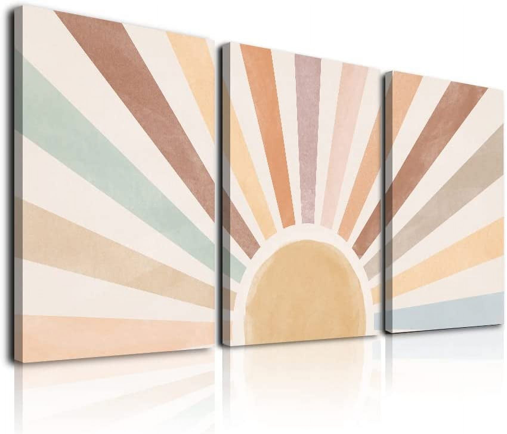 Boho Sun Wall Art Set of 3 Framed Canvas Wall Art Rainbow Sun Rising on the Horizon Geometric Nature Illustrations Line Art Wall Mid-Century Modern Prints Boho Wall Decor 12"x16" Watercolor