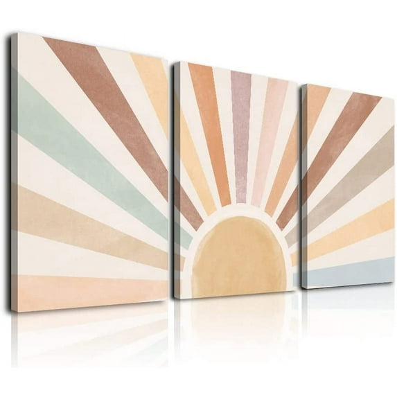 Boho Sun Wall Art Set of 3 Framed Canvas Wall Art Rainbow Sun Rising on the Horizon Geometric Nature Illustrations Line Art Wall Mid-Century Modern Prints Boho Wall Decor 12"x16" Watercolor