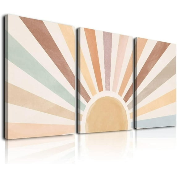 Boho Sun Wall Art Set of 3, Framed Canvas Wall Art Rainbow Sun Rising on the Horizon Geometric Nature Illustrations Line Art Wall, Office, 12"x16" Watercolor