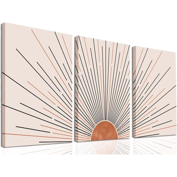 Boho Sun Wall Art Set of 3 Framed Canvas Wall Art Sun Rising on the Horizon Geometric Nature Black Line Mid-Century Modern Prints Boho Sun Wall Decor for Living Room, Bathroom, Bedroom(12"x16")