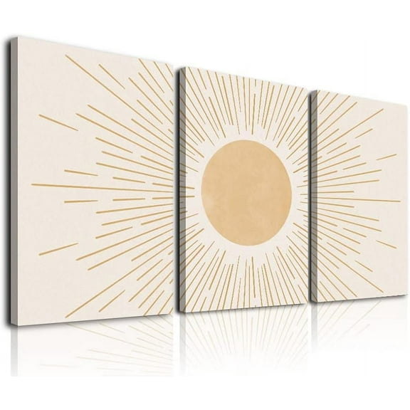 Boho Sun Wall Art Set of 3 Framed Canvas Yellow Sun Rising Geometric Nature Illustrations Line Art Wall Mid-Century Modern Prints Boho Sun Wall Decor 12"x16" Natural