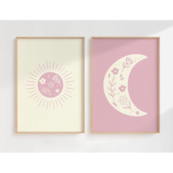 Boho Sun and Moon Print Set Pink Celestial Nursery Art Set 2 Unframed Paper Print 8x12