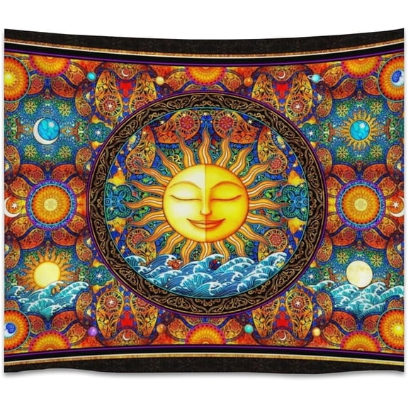 Boho Sun and Moon Tapestry Psychedelic Mandala Celestial Wall Hanging Colorful Ocean Wave Hippie Trippy Decor 30x40inch