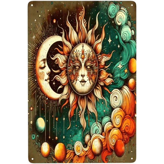 Boho Sun and Moon Vintage Metal Tin Sign Wall Decor for Garage Diner Indoor Outdoor 8 x 12 Inches