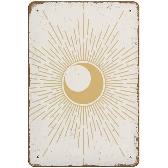 Boho Sun and Moon Wall Art Retro Tin Metal Sign, Mid Century Modern Eclipse Decor, Embossed Vintage Aluminum Poster, 8 x 12 Inch