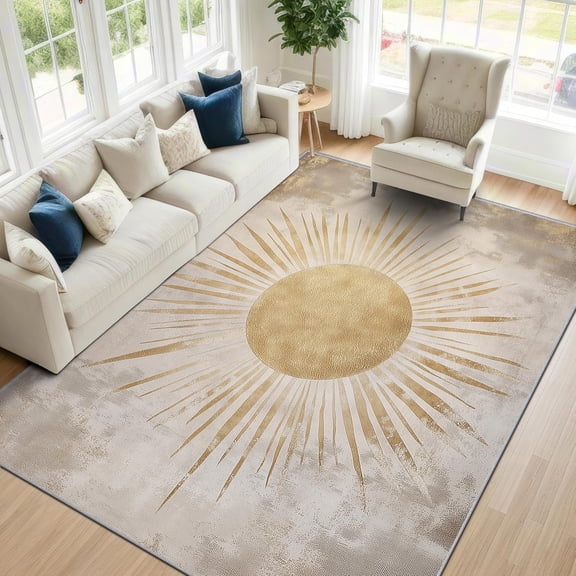 Boho Sunburst Area Rugs, Vintage Distressed Sun Pattern Carpet, Washable Non Slip Low Pile Soft Rug for Living Room Bedroom Decor Mat 5x7ft