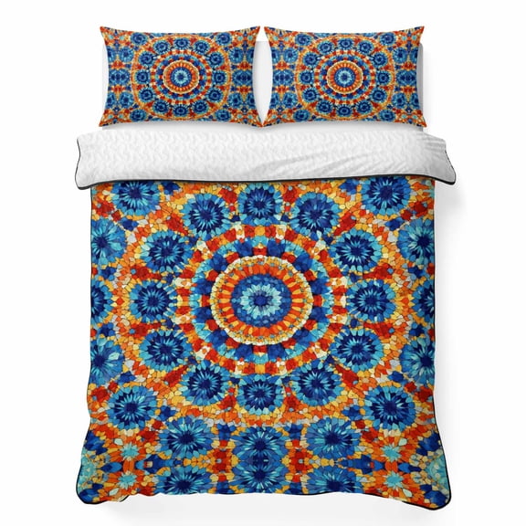 Boho Sunburst Medallion 3 Piece Quilt Bedding Set with 2 Pillow Shams, Abstract Radial Flower Rhythmic Petals Royal Blue Lightweight Bedspread Coverlet, Soft All Season Quilt, 96 x 106 Inch
