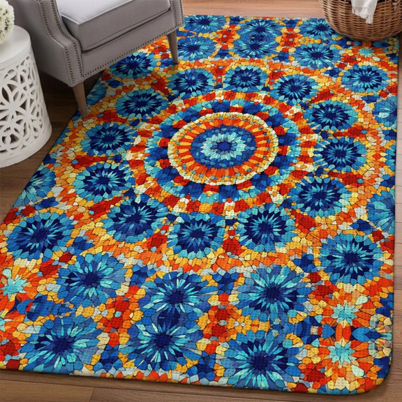 Boho Sunburst Medallion Area Rugs for Living Room 5x6, Abstract Radial Flower Rhythmic Petals Royal Blue Washable Area Rug Non Slip, Stain Resist Linen Carpet for Bedroom, Dining Room, Entryway