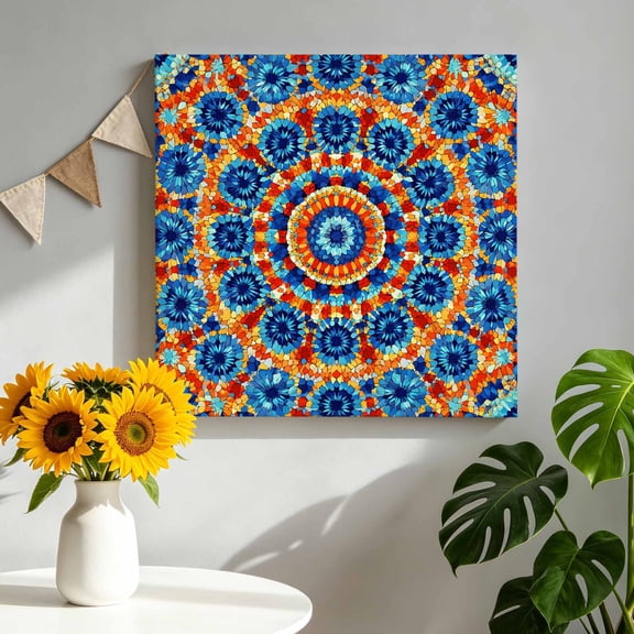 Boho Sunburst Medallion Canvas Wall Art, Abstract Radial Flower Rhythmic Petals Royal Blue Pictures Wall Decor Wooden Framed Artwork Art Prints for Living Room Hallway Bedroom Office 8"x8"