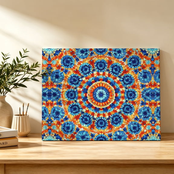 Boho Sunburst Medallion Canvas Wall Art, Abstract Radial Flower Rhythmic Petals Royal Blue Wall Prints Artwork Framed Canvas Ready to Hang Art Pictures for Bedroom Living Room Closet Kitchen 16"x12"