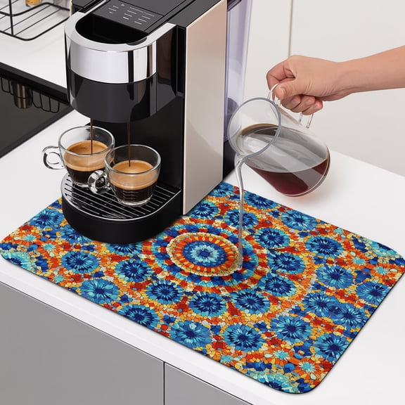 Boho Sunburst Medallion Dish Drying Mats for Kitchen Counter, Abstract Radial Flower Rhythmic Petals Royal Blue Absorbent Coffee Bar Mat with Non-slip Rubber Backed Quick Drying Dish Rack Pad 12"x16"