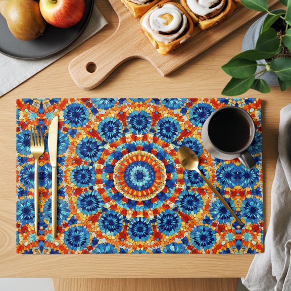 Boho Sunburst Medallion Placemats Set of 1, Abstract Radial Flower Rhythmic Petals Royal Blue Non-Slip Place Mats Washable Table Mats for Kitchen Dining Table Decorations Indoor/Outdoor