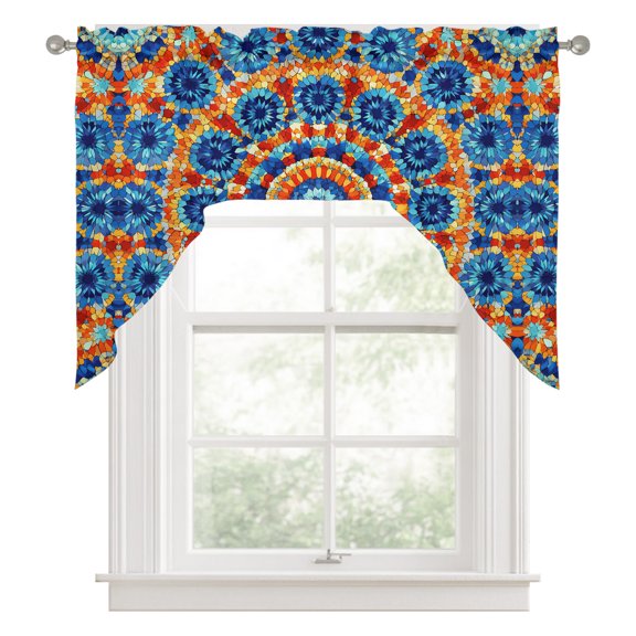 Boho Sunburst Medallion Swag Valance for Windows, Abstract Radial Flower Rhythmic Petals Royal Blue Swag Curtains Valances for Small Window Treatment Rod Pocket for Kitchen Bathroom 1 Panel 56x36in