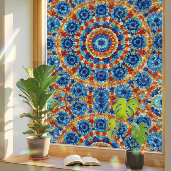 Boho Sunburst Medallion Window Privacy Film, Abstract Radial Flower Rhythmic Petals Royal Blue Stained Glass Rainbow Film Decorative Window Clings, Static Cling Sun Blocking Stickers 17.7" x 39.3"