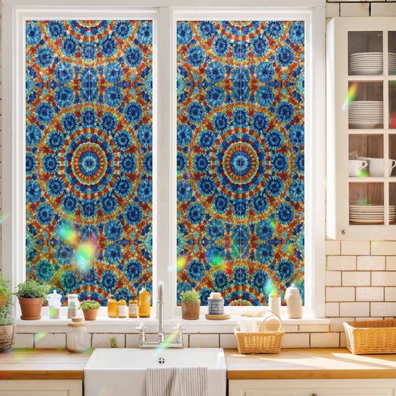 Boho Sunburst Medallion Window Privacy Film Abstract Radial Flower Rhythmic Petals Royal Blue Static Cling Stained Glass Window Film Non-Adhesive Decorative Decals Rainbow Sticker 17.7"X39.3"
