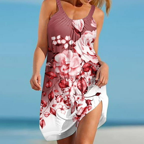 Boho Sundresses for Women Sleeveless Summer Beach Dresses Floral Print U Neck A Line Spaghetti Straps Mini Dresses