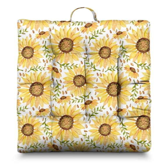 Boho Sunflower Aesthetic Floor Pillow - Oversized Square Meditation Cushion with Vintage Yellow Floral Pattern