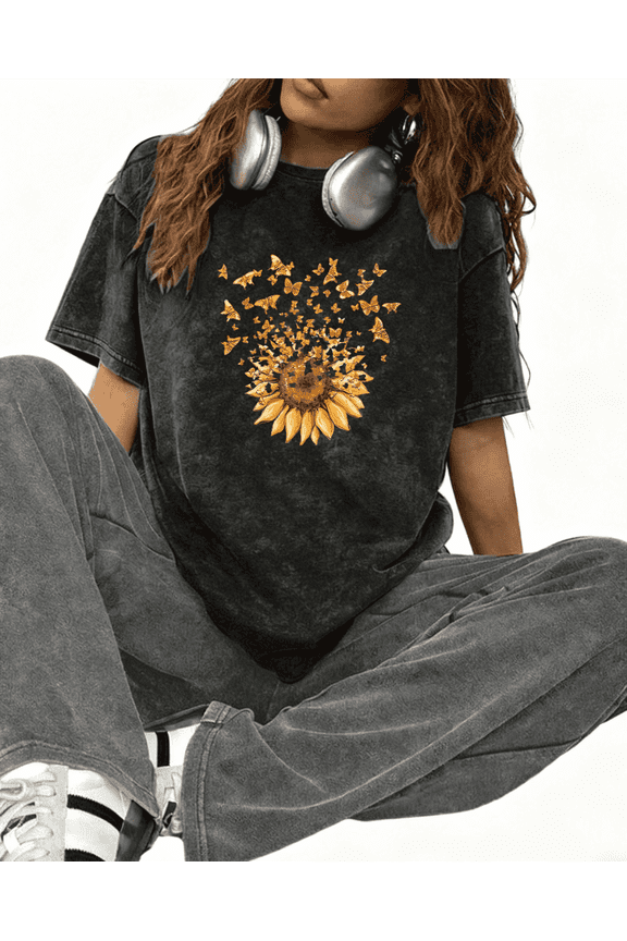 Boho Sunflower Butterfly Print Tshirt Graphic Tees Black Shirts Water Washed S-2XL Tops