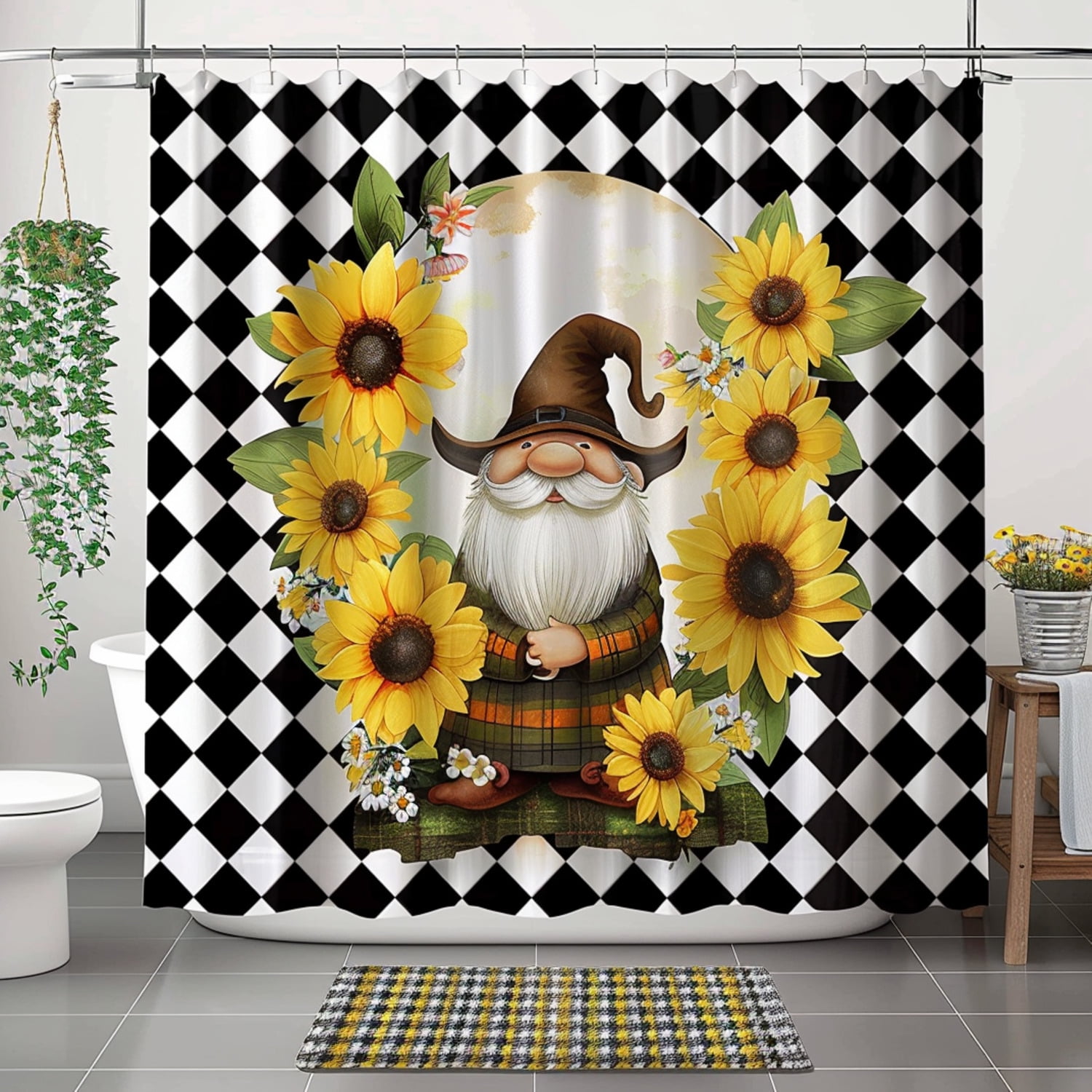 Boho Sunflower Gnome Shower Curtain Set with Vibrant Detailed 3D Render ...