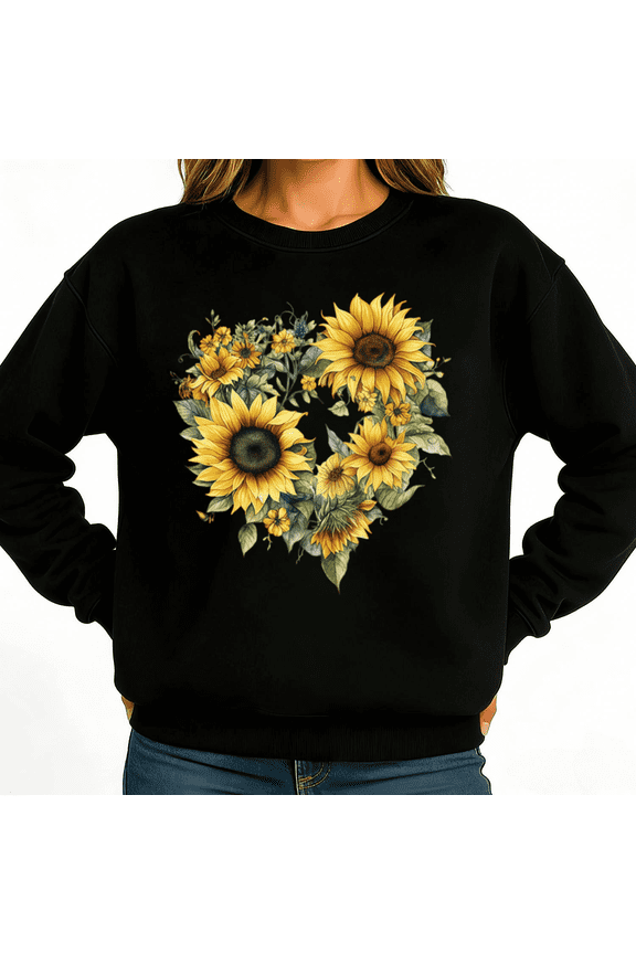 Boho Sunflower Heart Womans Sweatshirt Graphic Sweatshirt Black White S-3XL Cottagecore Gift Loose Fit Crew Neck Tops