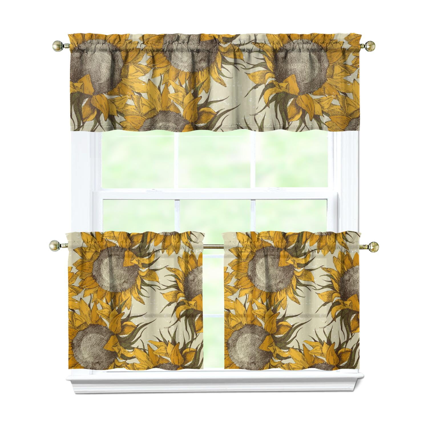 Boho Sunflower Kitchen Curtains 3 Pack - Vintage Yellow Floral Tier ...