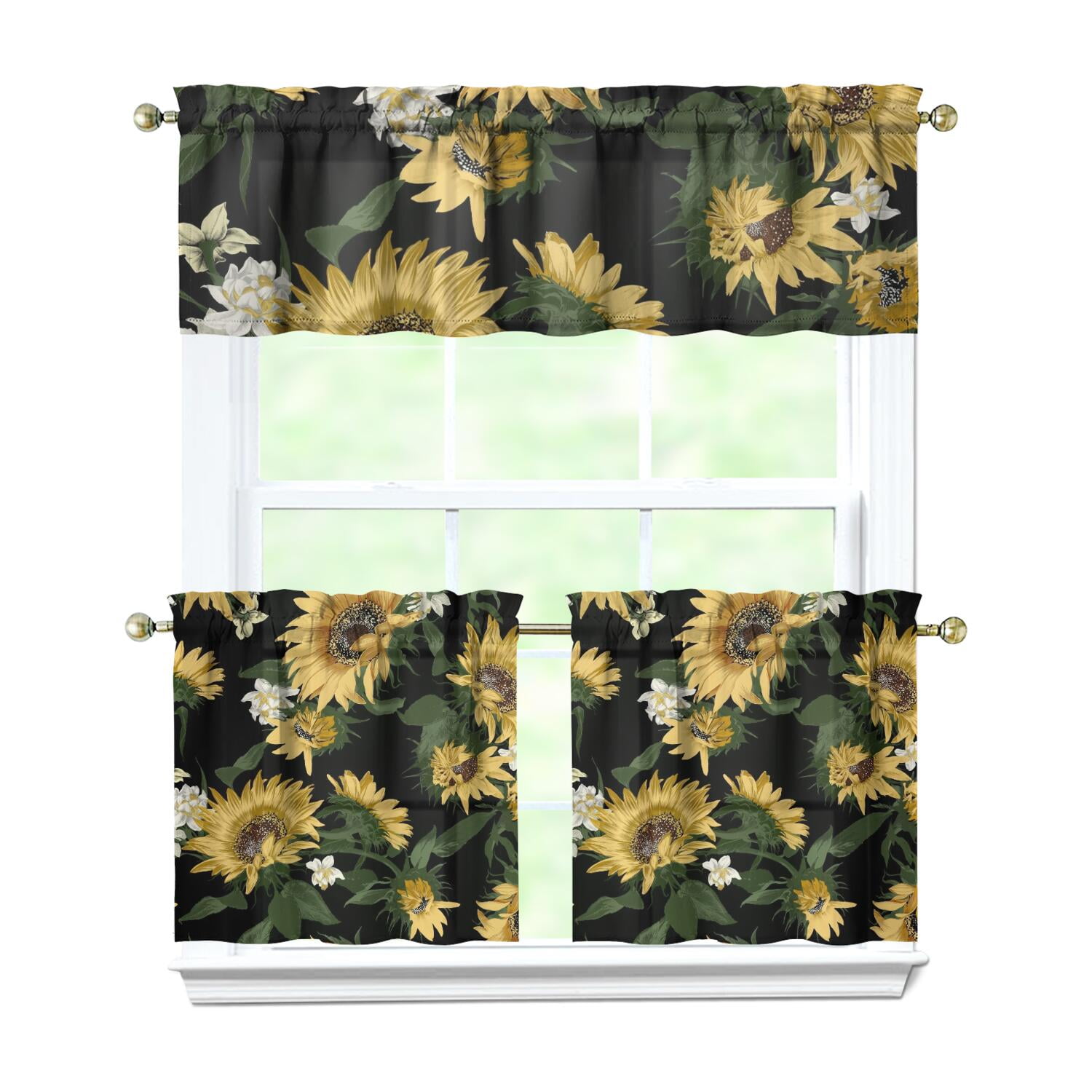 Boho Sunflower Kitchen Curtains 3 Pack - Vintage Yellow Floral Tier ...