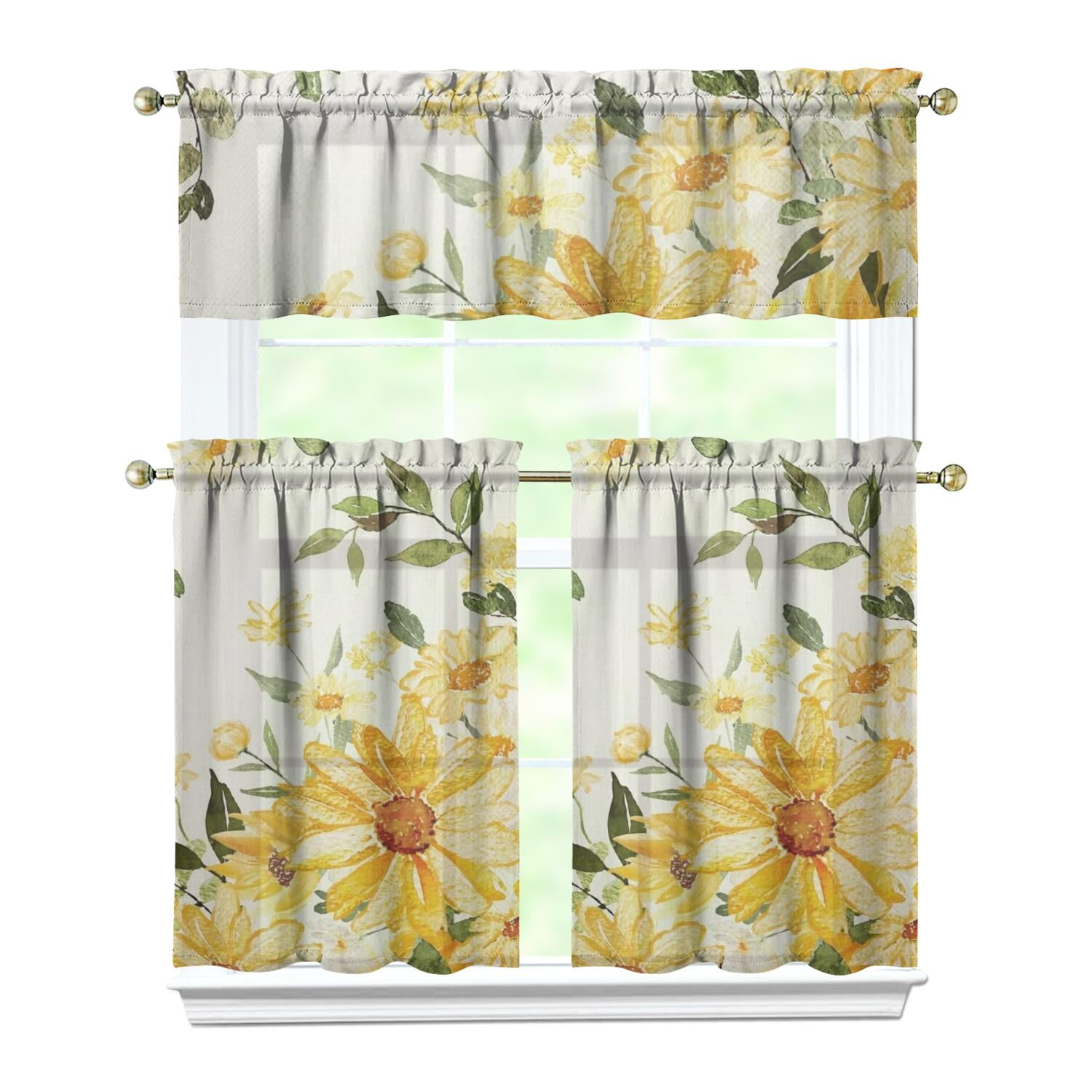 Boho Sunflower Kitchen Curtains Set - 3 PC Floral Tier & Valance ...