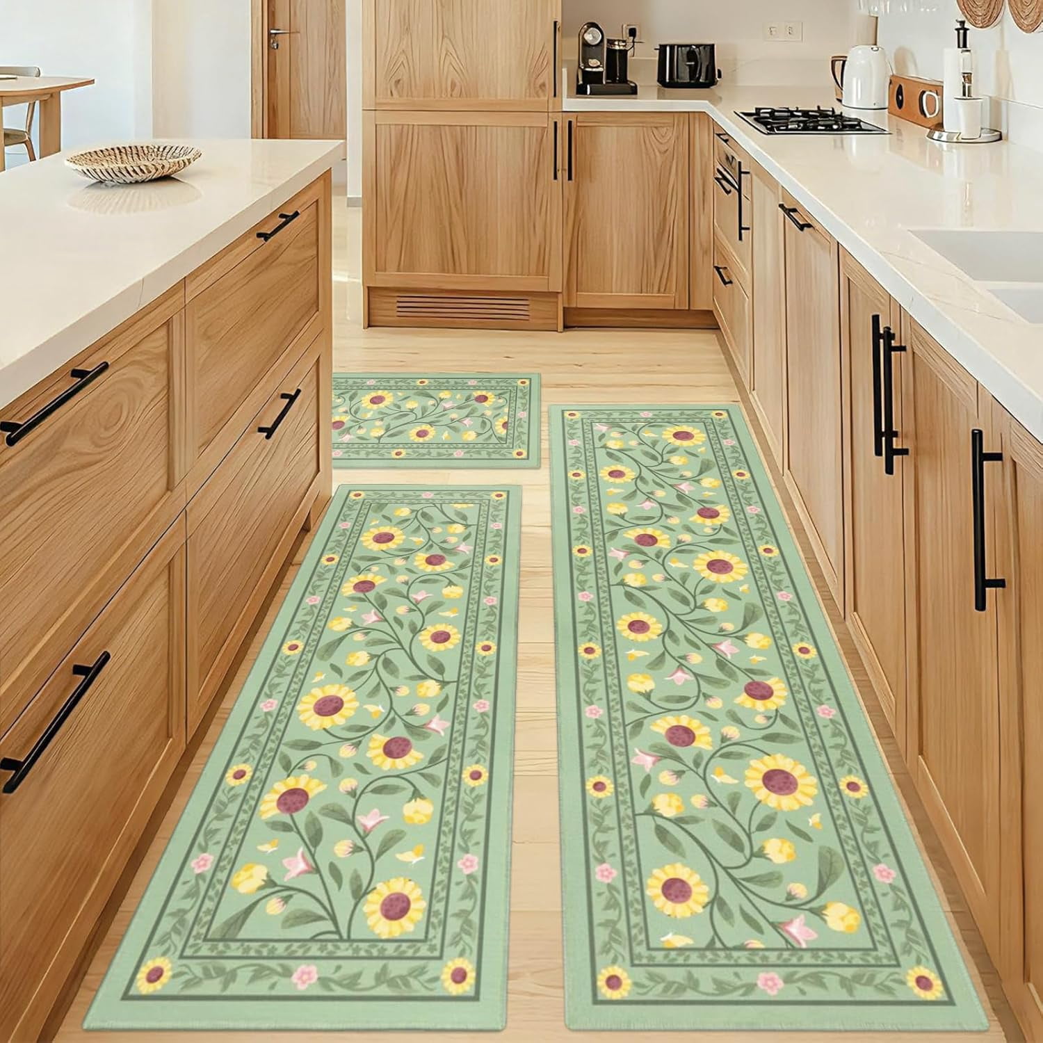 Boho Sunflower Kitchen Rugs Sets of 3, Flower Yellow Sage Green Kitchen ...
