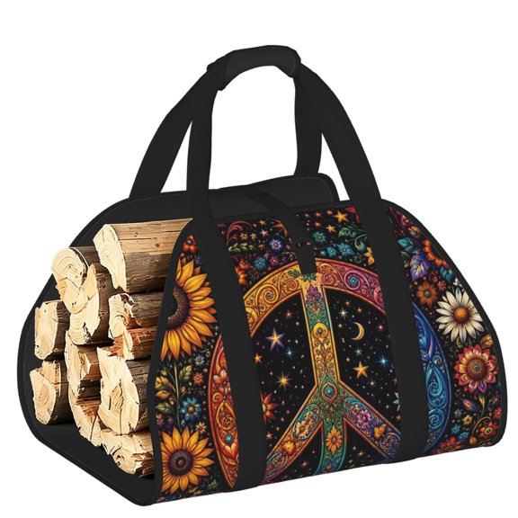 Boho Sunflower Peace Sign Art Heavy Duty Firewood Log Carrier Bag, Fireplace Wood Tote with Comfort Handles for Camping Home