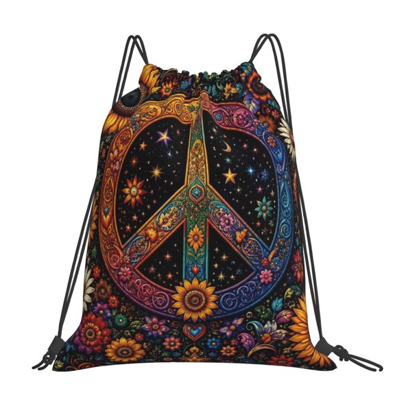 Boho Sunflower Peace Sign Art Large Drawstring Backpack Casual Cinch Sack Bag Backpack for Sports Hiking Travel Gym