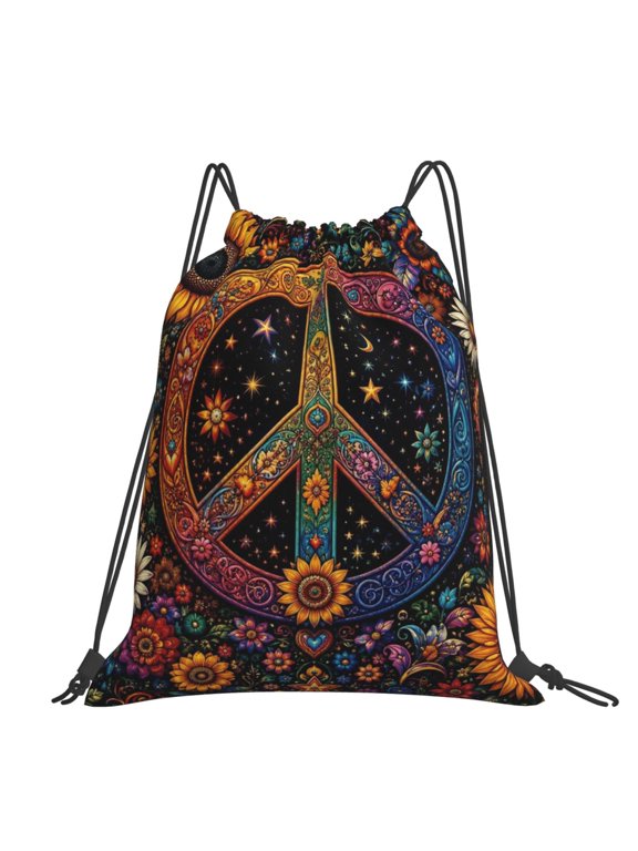 Boho Sunflower Peace Sign Art Large Drawstring Backpack Casual Cinch Sack Bag Backpack for Sports Hiking Travel Gym
