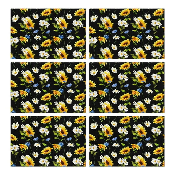 Boho Sunflower Placemats Set of 6, Machine Washable Heat Resistant Linen Table Mats with Vintage Rustic Floral Pattern Featuring Yellow Blooms, Bees, and Butterflies