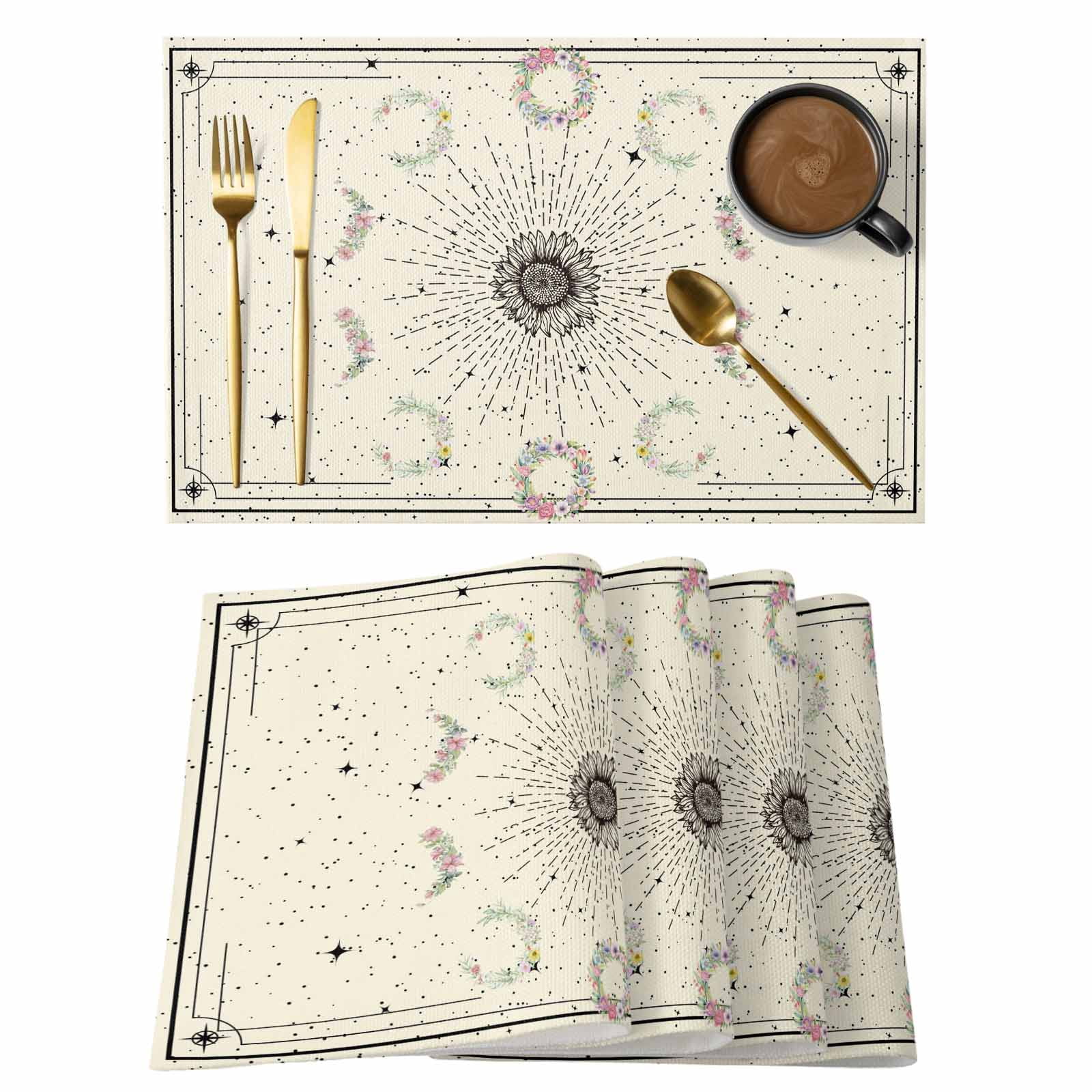 Boho Sunflower Placemats Set of 8, Vintage Botanical Watercolor Floral ...