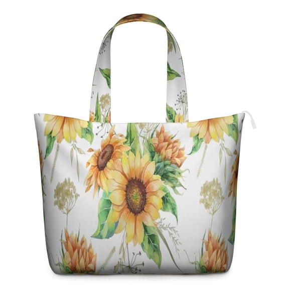 Boho Sunflower Print Tote Bag for Women - Large Capacity Travel Tote with Zipper Closure, Vintage Floral Design, Lightweight Weekender Bag for Work & Gym