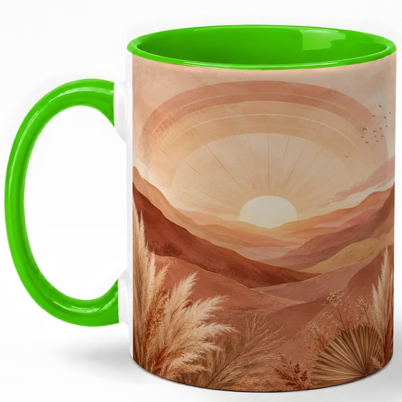 Boho Sunrise Landscape Coffee Mug, Warm Desert Mountain Sunset Design, 11 oz Ceramic Cup