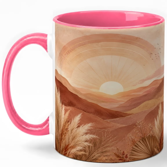 Boho Sunrise Landscape Coffee Mug, Warm Desert Mountain Sunset Design, 11 oz Ceramic Cup