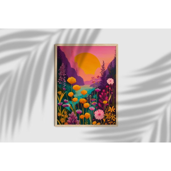 Boho Sunset Floral Landscape Mountain Meadow Art, Unframed Paper Poster 8x10in
