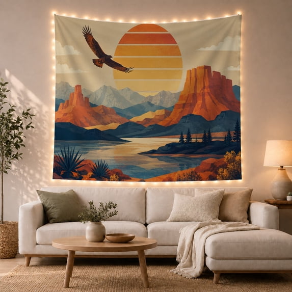 Boho Sunset Hills with Desert Mountain Illustrated Upper, Serene Boho for Boho Decor Lovers, Desert Sunset Wall Art, Mother'S Day Gift, Tapestry Wall Hanging for Bedroom and Dorm