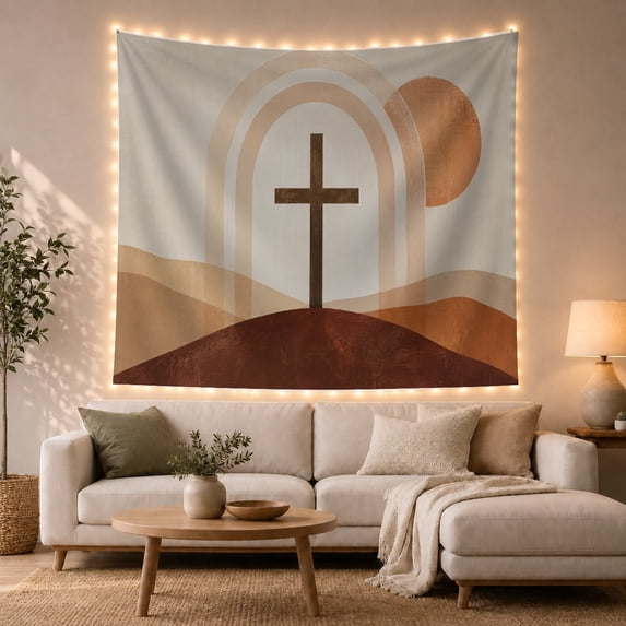Boho Sunset Hills with Latin Cross Atop Gently, Serene Boho for Boho Decor Lovers, Desert Sunset Wall Art, Graduation Gift, Tapestry Wall Hanging for Bedroom, Living Room and Dorm